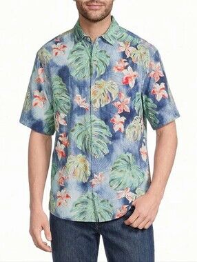 NWT Tommy Bahama Nova Wave Jungle Party Short Sleeve Woven Shirt Bering Blue L